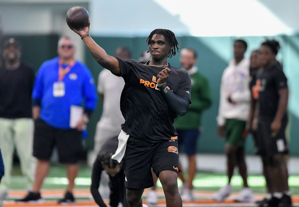 Cam Ward throws a pass during Miami's Pro Day on March 24, 2025.