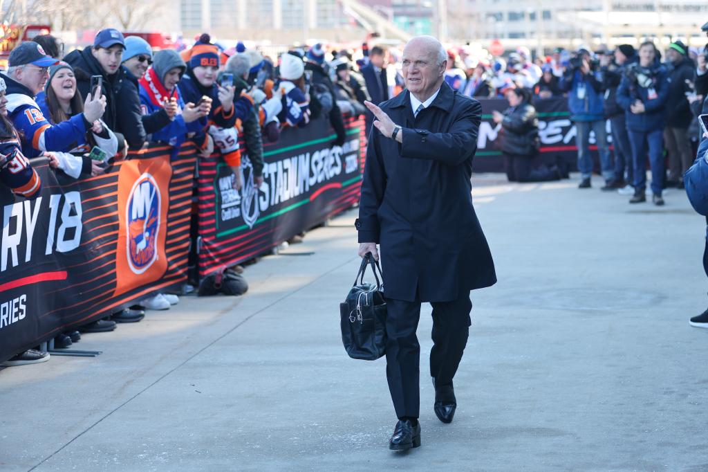 New York Islanders General Manager Lou Lamoriello arrives before a NHL Stadium Series game between the New York Rangers and New York Islanders on February 18, 2024 at Metlife Stadium in East Rutherford, New Jersey. 