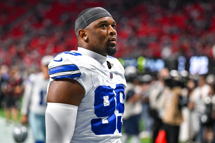 Dallas defensive end Chauncey Golston (99) reacts prior to the start of the NFL game between the Dallas Cowboys and the Atlanta Falcons on November 3rd, 2024 at Mercedes-Benz Stadium in Atlanta, GA.