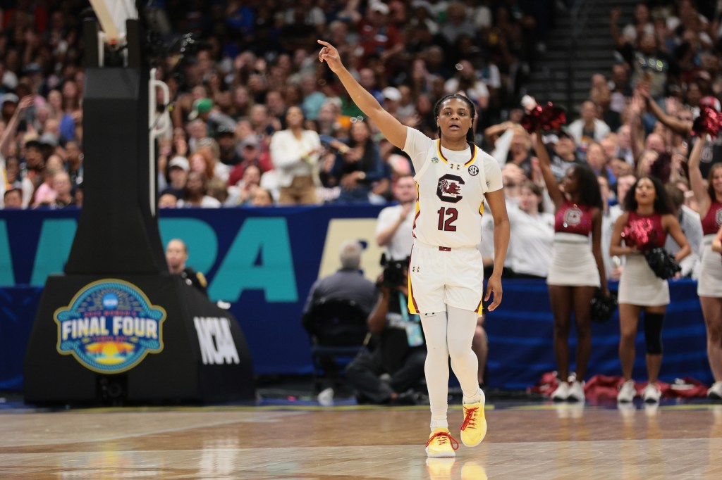 MiLaysia Fulwiley reacts after a shot against the Texas Longhorns during the Final Four semifinal game at Amalie Arena on April 4, 2025.