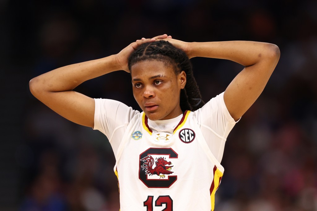MiLaysia Fulwiley reacts in the fourth quarter against the UConn Huskies in the National Championship on April 06, 2025. 