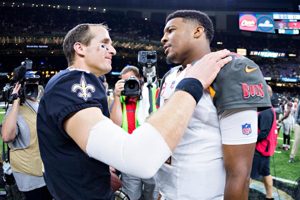 Drew Brees #9 of the New Orleans Saints talks on the field after the game with Jameis Winston #3 of the Tampa Bay Buccaneers at Mercedes-Benz Superdome on November 5, 2017 in New Orleans, Louisiana. The Saints defeated the Buccaneers 30-10. 