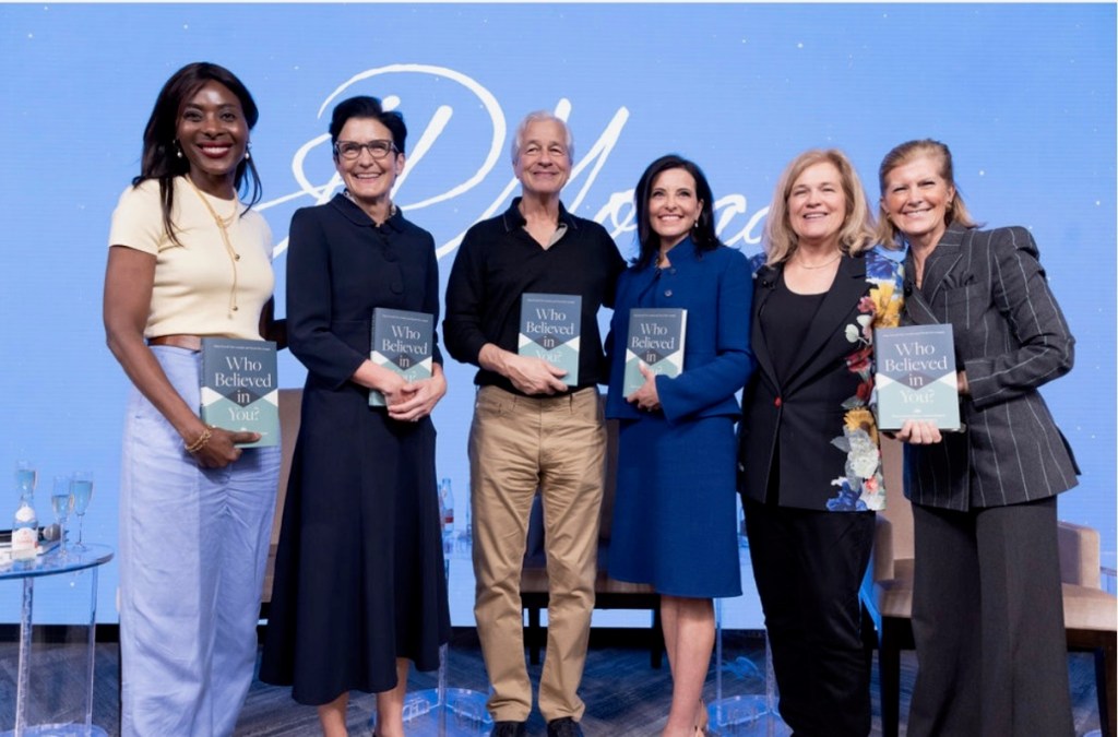 Dina Powell at book event with Mary Callahan Erdoes, Pia Gjellerup, and Jamie Dimon, all holding books