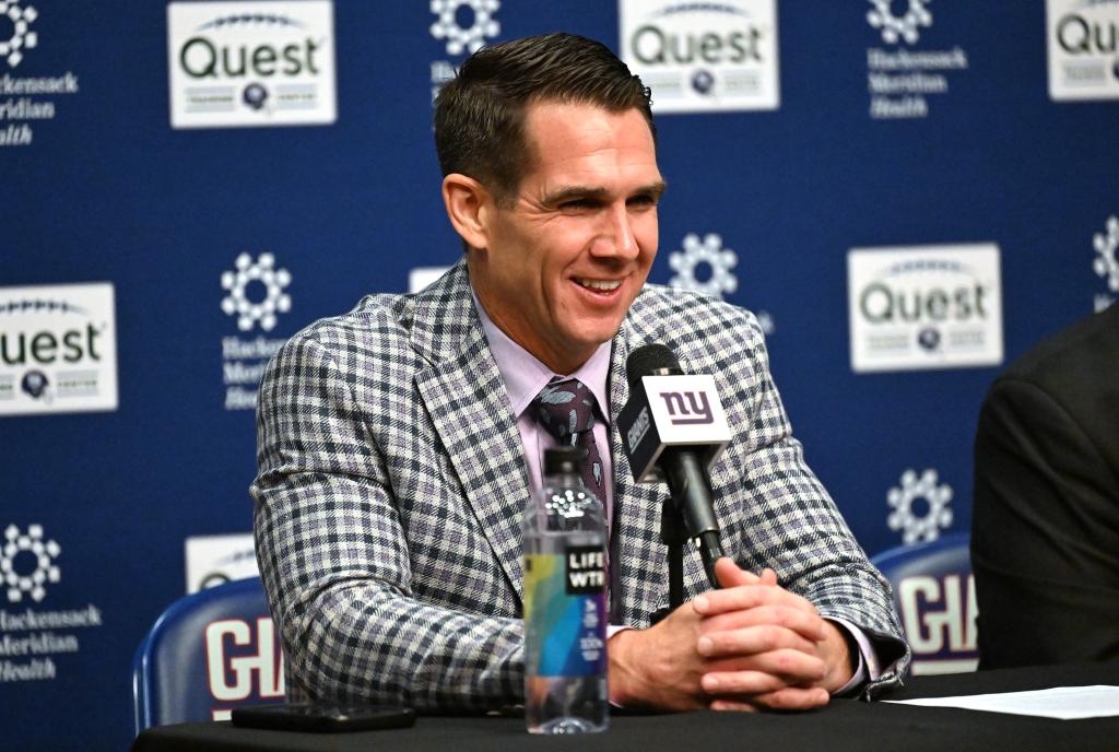 Giants general manager is all smiles as he talks to the media after he picked Abdul Carter and Jaxson Dart in the first round of the 2025 NFL Draft.