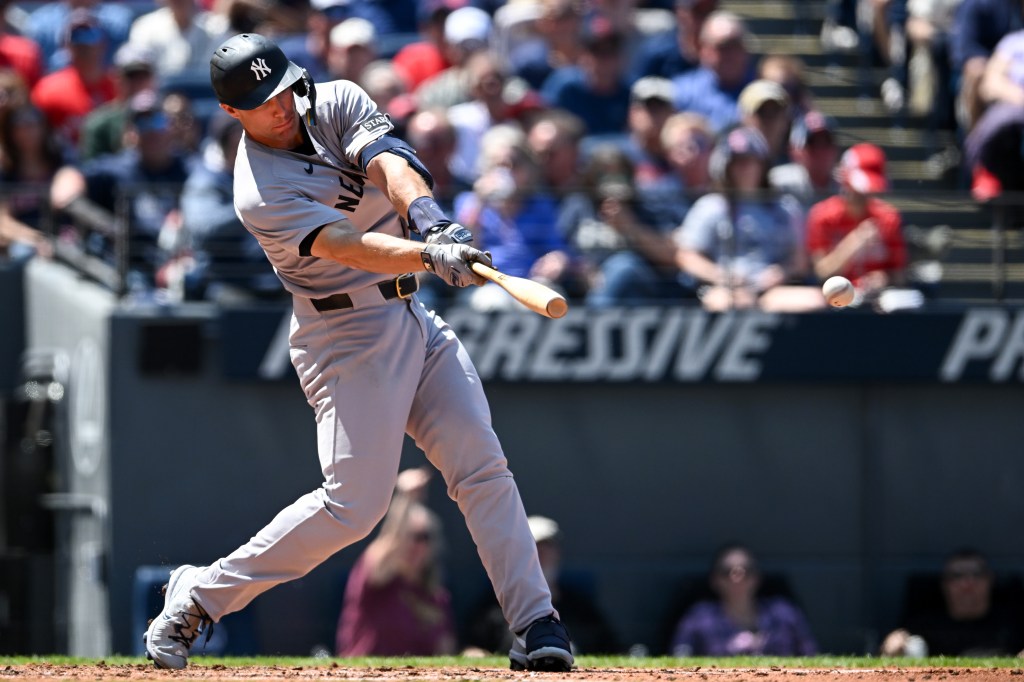 Paul Goldschmidt rips an RBI single during the second inning of the Yankees' 5-1 win over the Guardians on April 23, 2025.