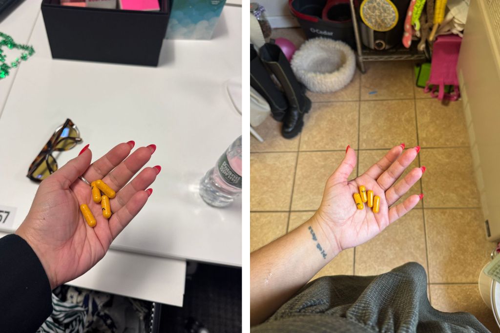 Two side by side photos of a woman taking vitamins.