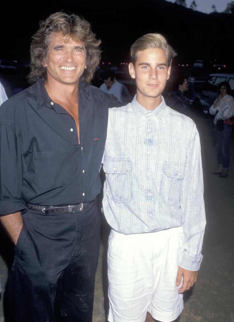 Michael Landon and son Christopher Landon attend the Third Annual Moonlight Roundup Extravaganza in 1989.