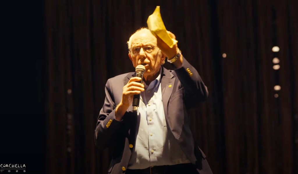 Sen. Bernie Sanders speaks to the crowd during the second day of Coachella on April 12, 2025.