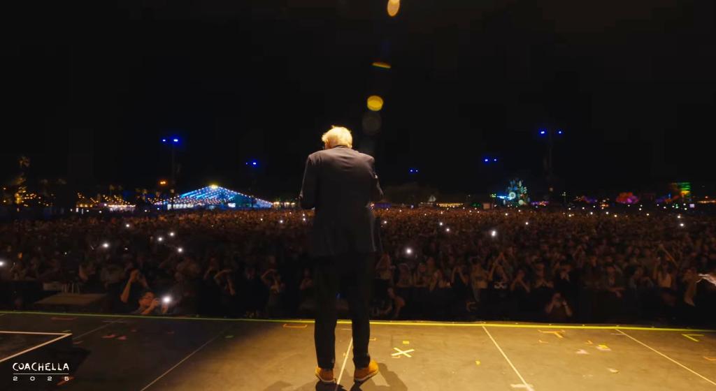 Bernie Sanders speaks at the Outdoor Theater in Coachella Valley while introducing Clairo.