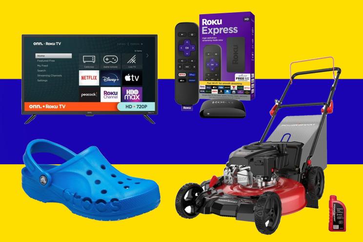A lawnmower next to a blue shoe