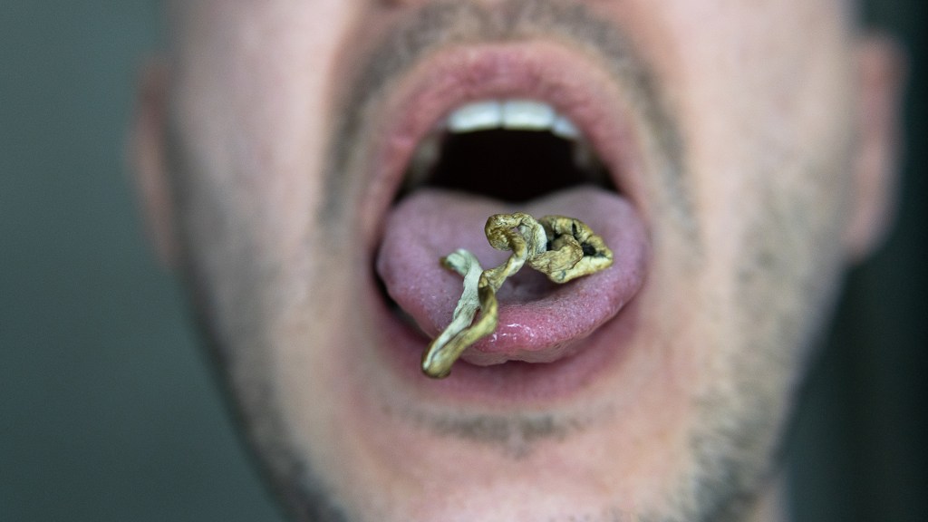 A man eating a magic mushroom sticks out his tongue. 