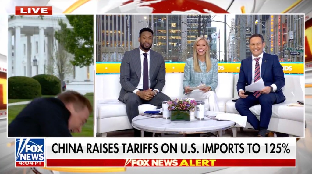 Bird attacking Peter Doocy while mouse scurries and Brian Kilmeade, Kyjuan, Ainsley Earhardt sitting on a white couch in WH briefing room