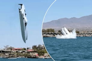 Boat flips on a lake