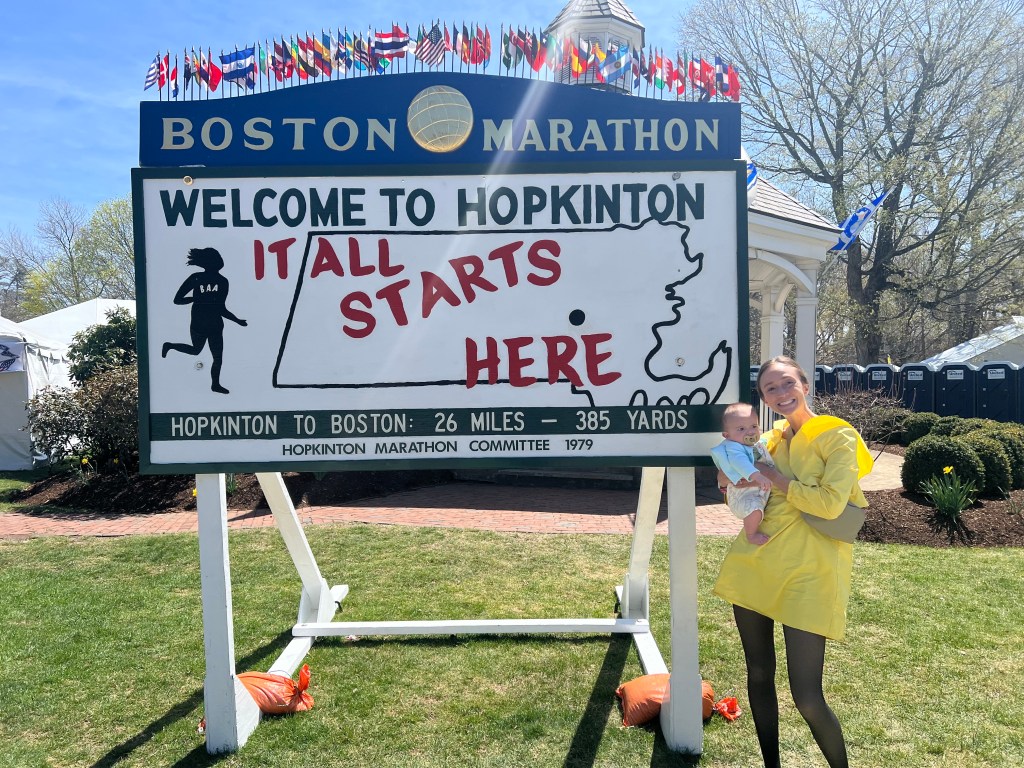 Natalie Daniels hodling her son, near the Boston Marathon starting line.
