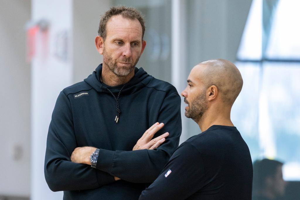 Brooklyn Nets GM Sean Marks in conversation with Head Coach Jordi Fernandez during practice at the HSS Training Center, Brooklyn, NY, 2024