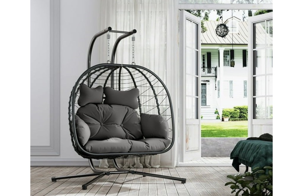Bifanuo Double Wicker Swing Egg Chair Hammock Foldable Hanging Loveseat with Stand, UV Resistant Removable Cushions, 700LBS Capacity for Bedroom, Balcony (Black and Grey)