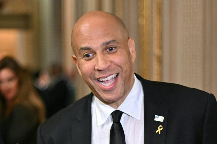 Senator Cory Booker (D-NJ) speaks to the press at the US Capitol in Washington, DC on April 1, 2025.