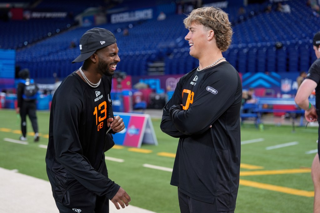 Shedeur Sanders (l.) and Jaxson Dart (r.) at the NFL scouting combine.