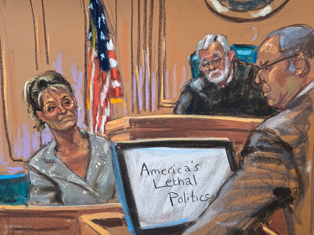 Courtroom sketch of Sarah Palin testifying, being questioned by Ken Turkel, with Judge Jed Rakoff presiding and a screen displaying NYTimes article 'America's Lethal Politics'.