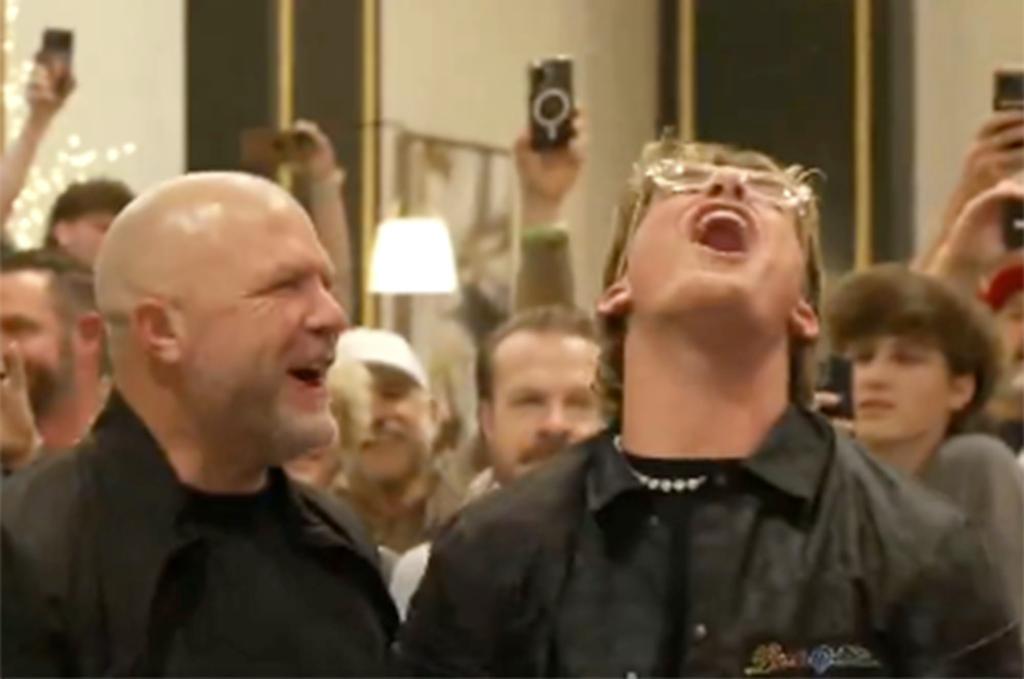An elated Jaxson Dart celebrated after being selected by the Giants with pick No. 25 in the 2025 NFL Draft.