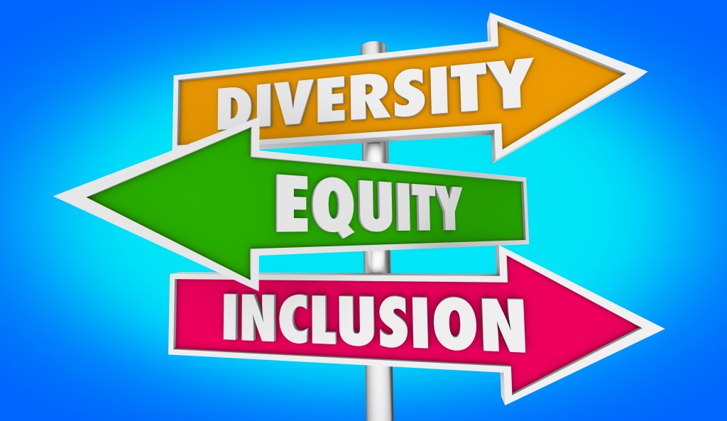 3D illustration of road signs pointing to different types of equality, labeled as DEI Diversity Equity Inclusion