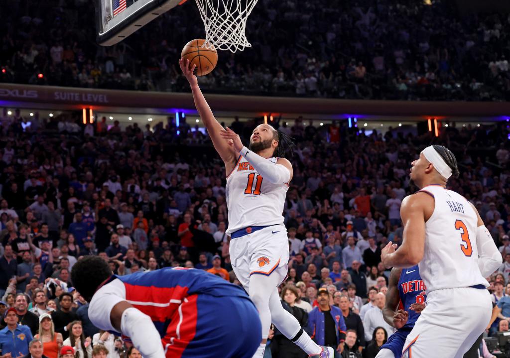 New York Knicks guard Jalen Brunson #11 goes up for a shot during the fourth quarter. The New York Knicks defeated the Detroit Pistons 123-112 in game 1 of the 2025 NBA playoffs.
