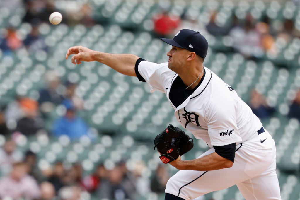 Jack Flaherty throws a pitch during the Tigers' loss to the Yankees on April 9.