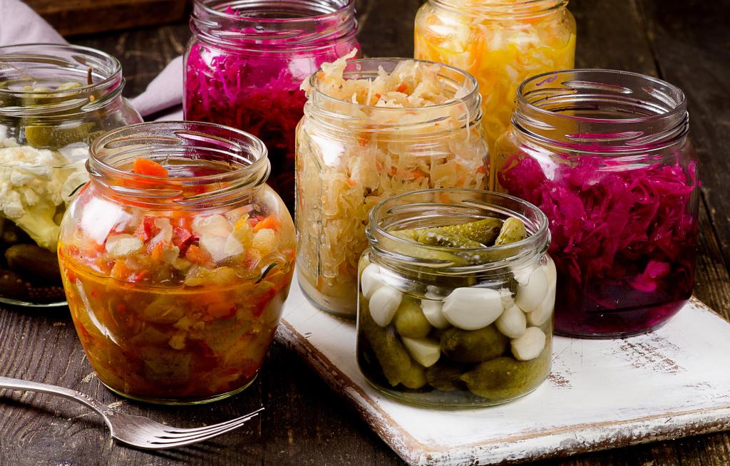 Fermented vegetabes in jars. 