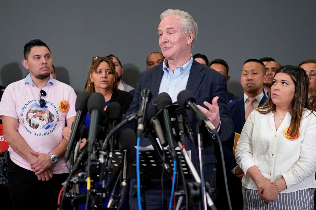Sen. Chris Van Hollen, center, said that alleged MS-13 member Kilmar Abrego Garcia has been moved from El Salvador's notorious CECOT megaprison.