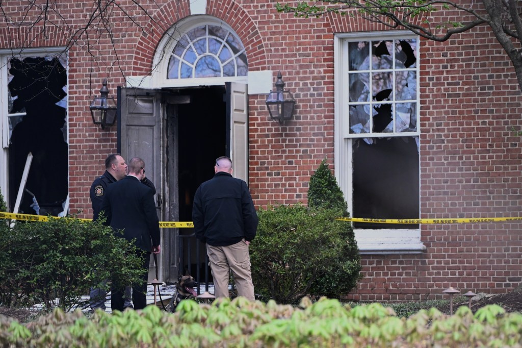 Investigators are on the scene after an overnight fire at the governors official residence on Sunday, April 13, 2025 in Harrisburg, Pa. 