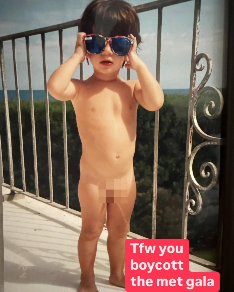instagram post from schlossberg showing himself as a naked child peeing on a balcony with the caption tfw you boycott the met gala
