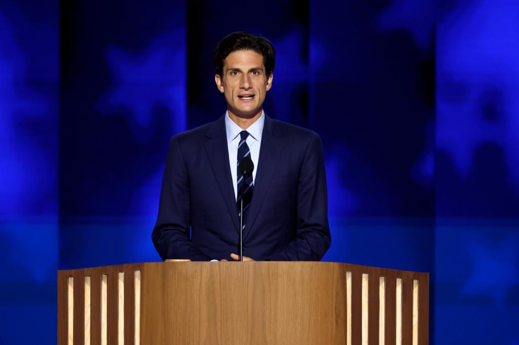 Jack Schlossberg, grandson of former U.S. President John F. Kennedy, speaking at the podium during the 2024 Democratic National Convention in Chicago, Illinois