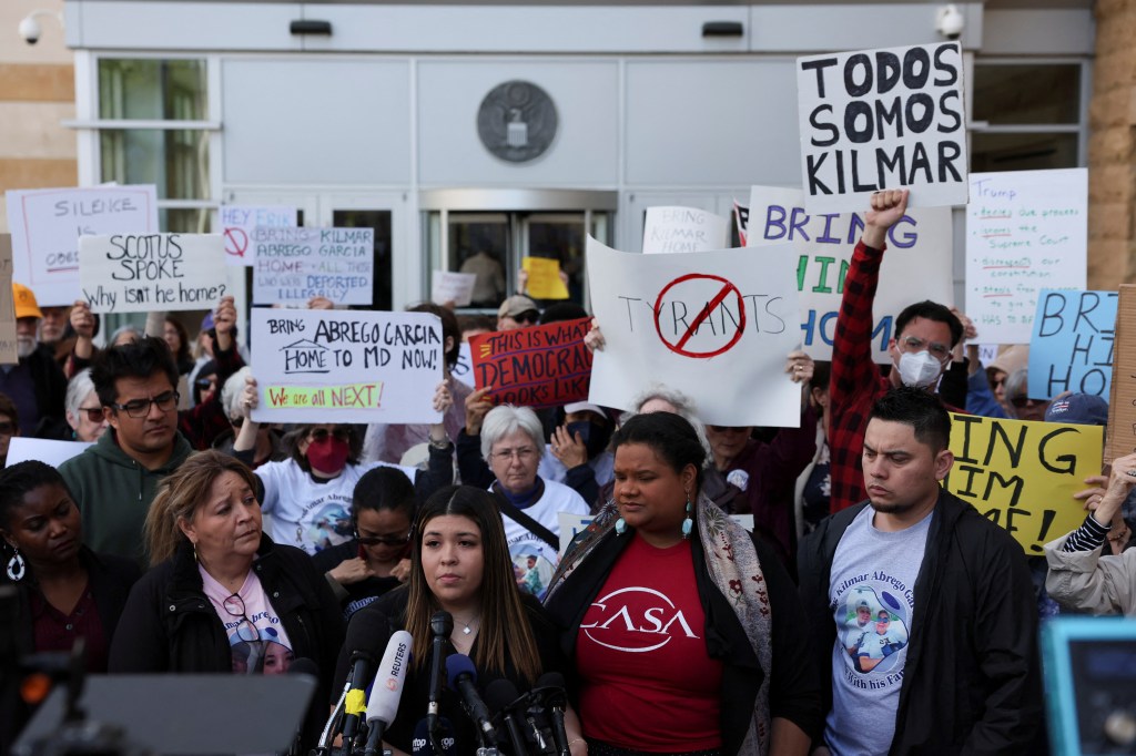 Jennifer Vasquez Sura, wife of Kilmar Abrego Garcia, speaks during a press conference on the day of a hearing in the case related to Kilmar Abrego Garcia, the Salvadoran man who was deported without due process by the U.S. President Donald Trump administration to a prison in El Salvador, outside U.S. District Court in Greenbelt, Maryland, U.S., April 15, 2025.