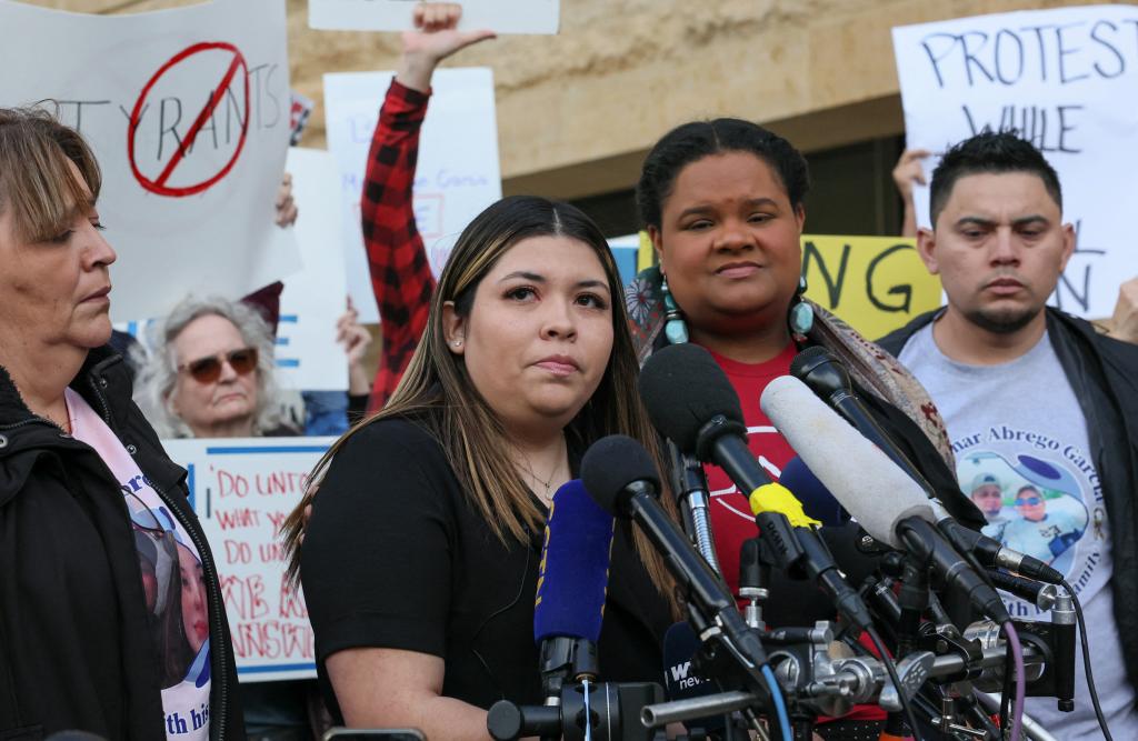 Jennifer Vasquez Sura, wife of Kilmar Abrego Garcia, speaks during a press conference on the day of a hearing in the case related to Kilmar Abrego Garcia, the Salvadoran man who was deported without due process by the U.S. President Donald Trump administration to a prison in El Salvador, outside U.S. District Court in Greenbelt, Maryland, U.S., April 15, 2025.