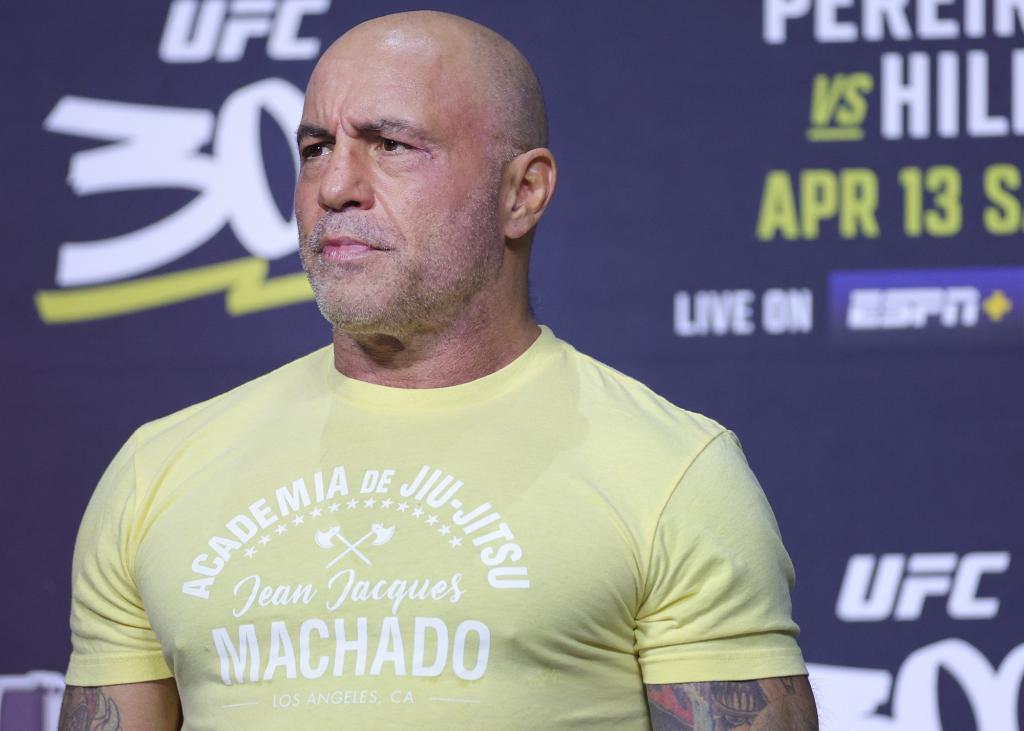 Joe Rogan MC's during the UFC 300 ceremonial weigh-in at MGM Grand Garden Arena on April 12, 2024 in Las Vegas, Nevada.