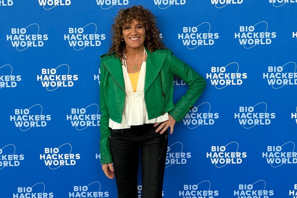Julie E Health (pictured here) demonstrated her tap and swipe technique at last week's Biohackers World conference.