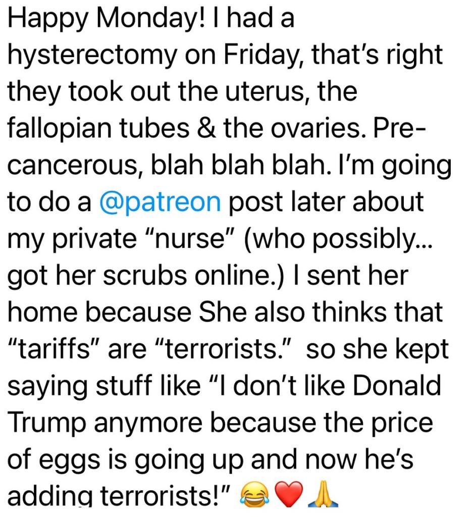 Kathy Griffin after undergoing a hysterectomy due to a precancerous condition