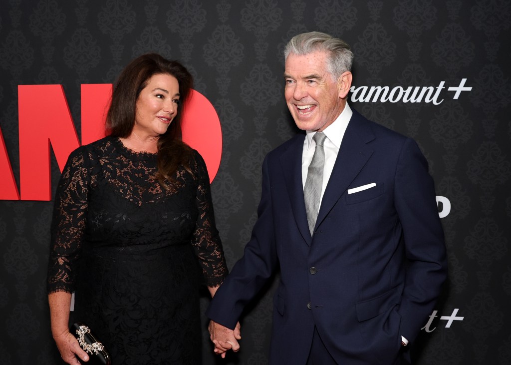 Keely Shaye Smith and Pierce Brosnan attend the "MobLand" New York Premiere at SVA Theater on March 31, 2025, in New York City. 