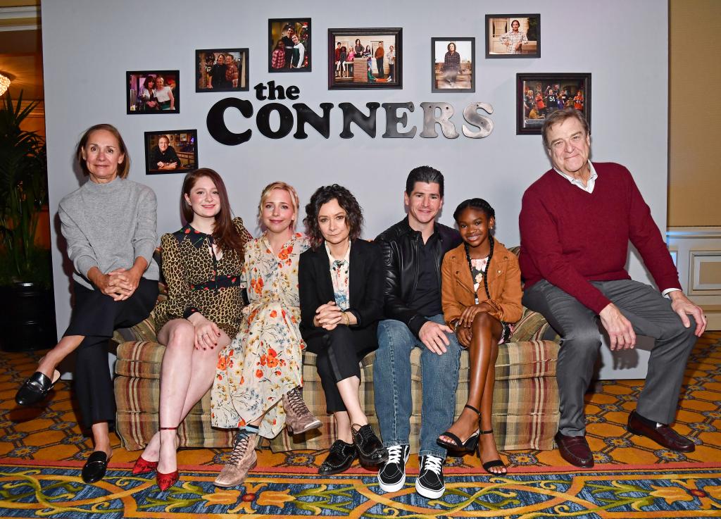 From left: Laurie Metcalf, Emma Kenney, Lecy Goranson, Sara Gilbert, Michael Fishman, Jayden Rey and John Goodman of "The Conners." 