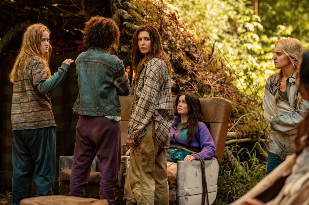 L-R: Liv Hewson as Teen Van, Sophie Nélisse as Teen Shauna, Ashley Sutton as Hanna and Jenna Burgess as Teen Melissa in "Yellowjackets" Season 3.