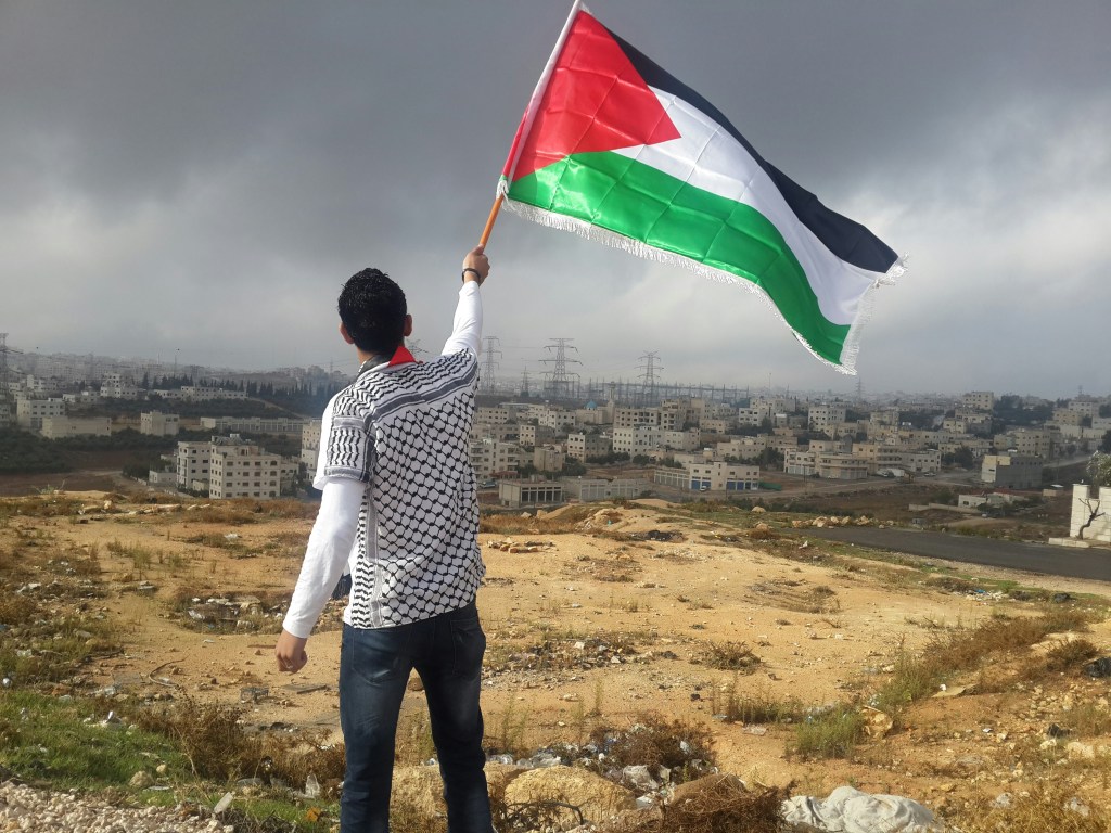 man waving flag of Palestine.