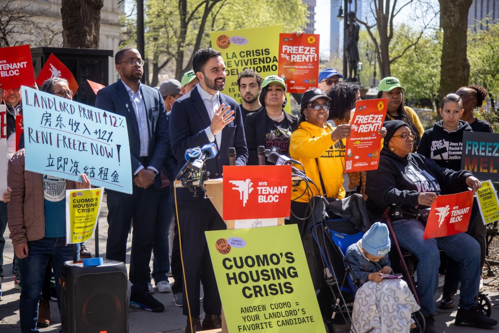 Mayoral candidates Brad Lander, Zohran Mamdani, Adrienne Adams and Zellnor Myrie attending a rally with tenant rights activists against former Gov. Andrew Cuomo in City Hall Park, New York City.