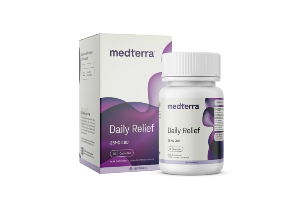 A white bottle next to a box, branded as Medterra