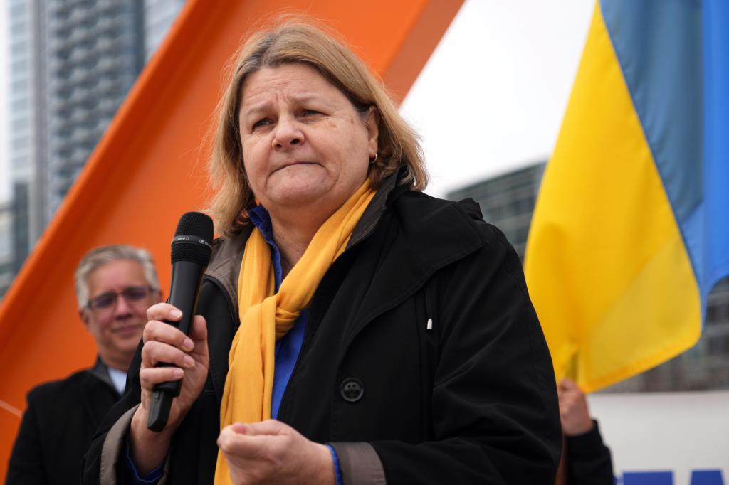 Milwaukee County Circuit Court Judge Hannah Dugan speaks during a rally marking the third anniversary of Russia's invasion of Ukraine on Feb. 24, 2025.