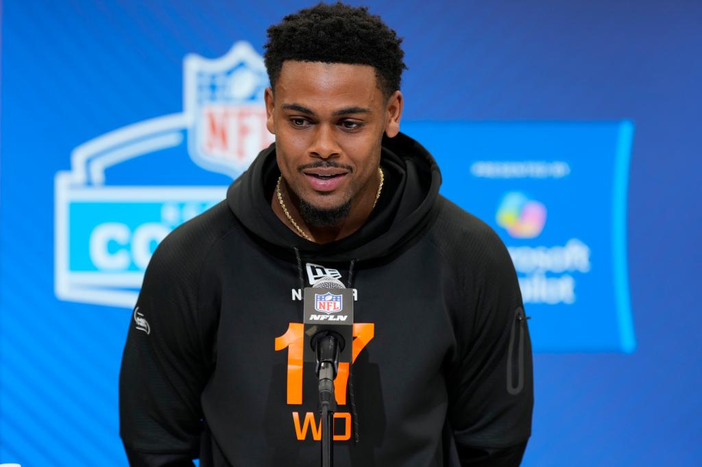 Tre Harris speaks to the media at the NFL combine on Feb. 28, 2025. 