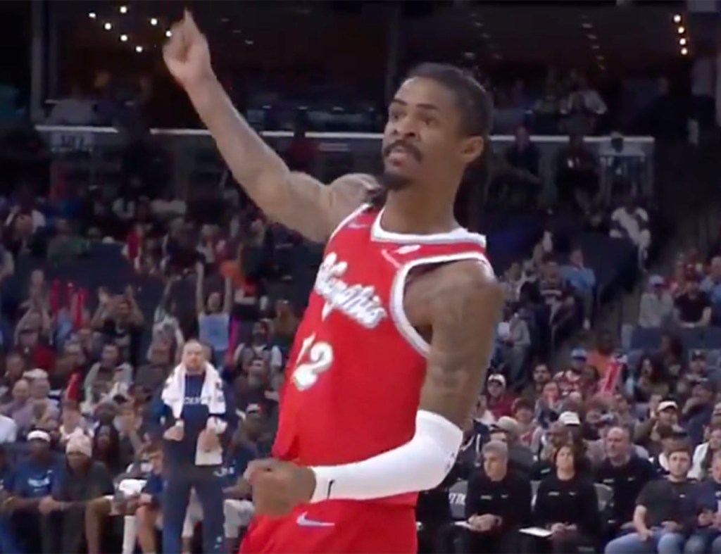Memphis guard Ja Morant did a hand grenade celebration during a game against the Timberwolves on April 10, 2025.