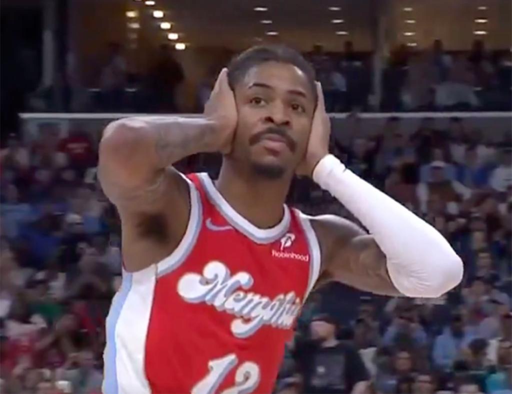 Memphis guard Ja Morant did a hand grenade celebration during a game against the Timberwolves on April 10, 2025.
