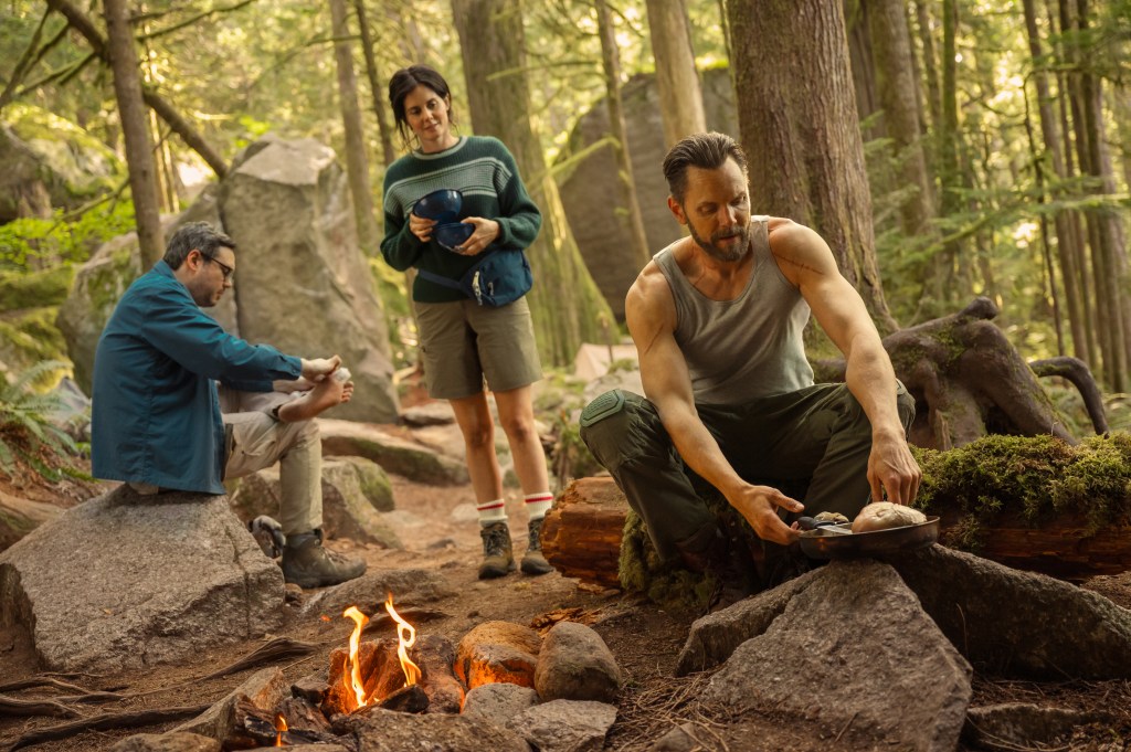 L-R: Nelson Franklin as Edwin, Ashley Sutton as Hanna and Joel McHale as Kodiak in "Yellowjackets" Season 3.