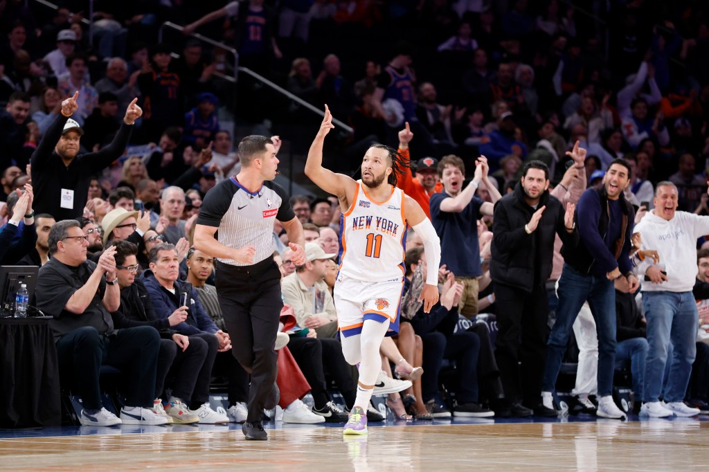 Jalen Brunson celebrates during the Knicks-Suns game on April 6, 2025.