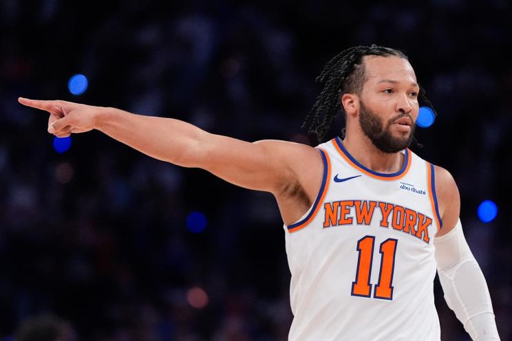 New York Knicks guard Jalen Brunson reacts during the second half of Game 1 in an NBA basketball first-round playoff series against the Detroit Pistons, Saturday, April 19, 2025, in New York.